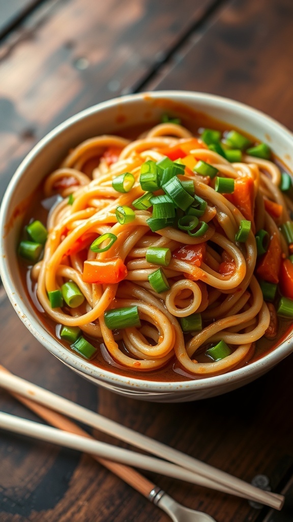 A bowl of quick noodles with vegetables and green onions on a wooden table.
